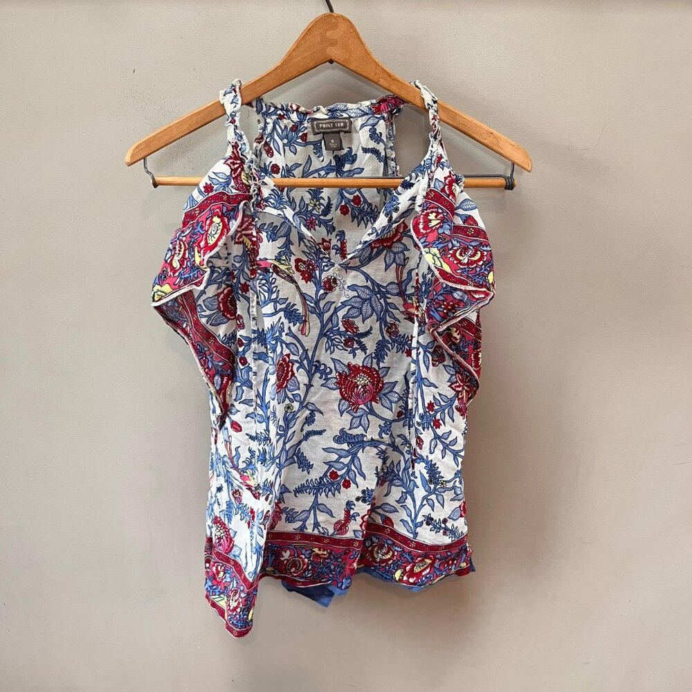 Point Sur Floral Print Sleeveless Cotton Blouse Top With Ruffle Detail Size 6